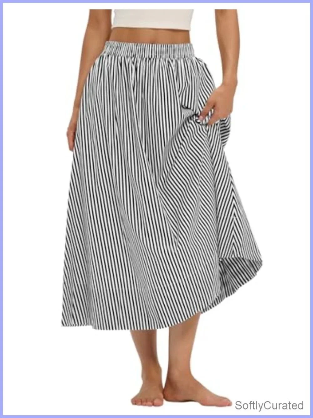 Women's A-Line Midi Skirt with Pockets Cotton Flowy Elastic Waist Summer Beach